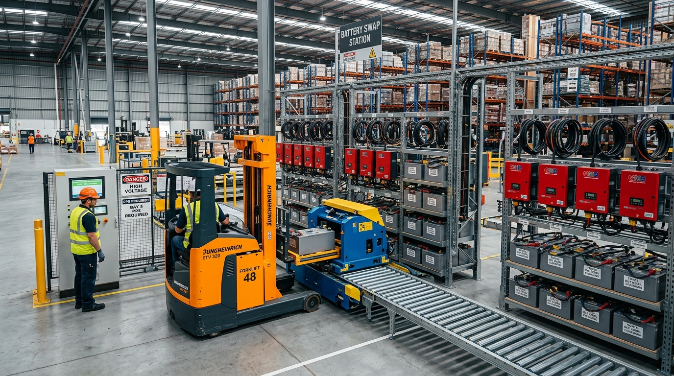 High-tech battery swapping station configured for fast multi-shift turnaround times.