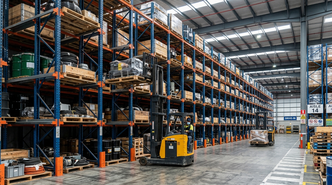 Multi-level high-density rack aisles engineered for heavy chemical drum storage.